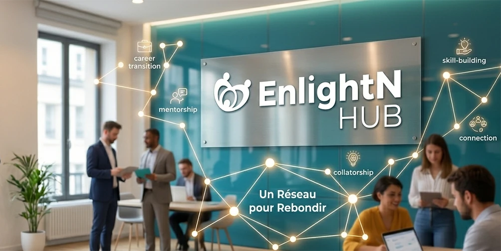 Espace de travail collaboratif chez EnlightN Hub montrant un réseau de partenaires engagés pour le retour à l'emploi et la transition de carrière.