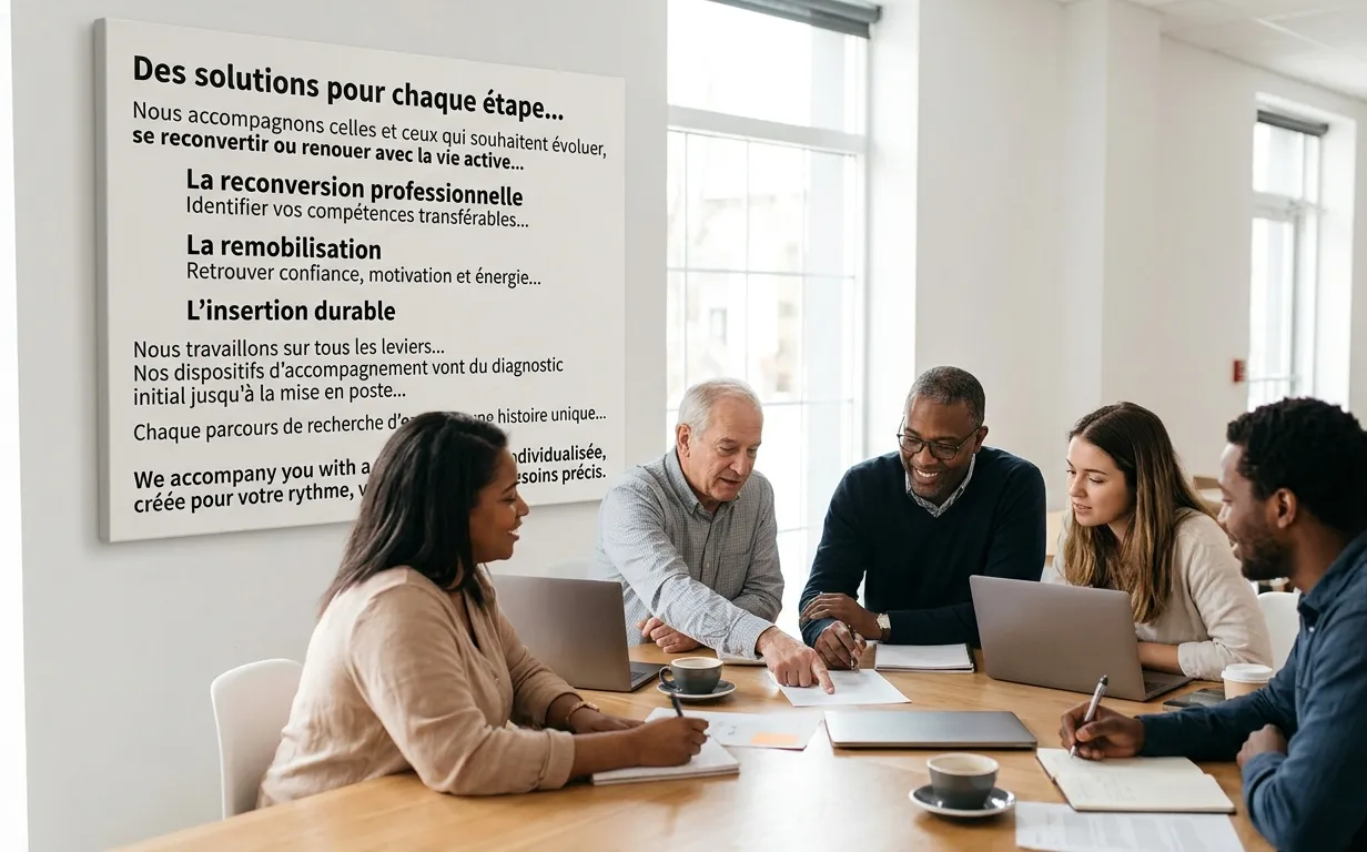 Équipe d'EnlightN Hub en réunion de travail collaborative pour l'insertion durable et la remobilisation professionnelle.